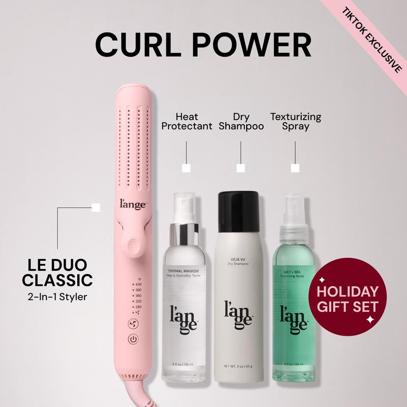 NEW! L’Ange Curl Power Value Set - Le Duo 2-In-1 360° Airflow Curling Iron, Salt + Séa Texturizing Spray 4Oz, Thermal Magique Heat & Humidity Tamer 4Oz, Déjà Vu Dry Shampoo 3Oz Hair Styling Tools Titanium