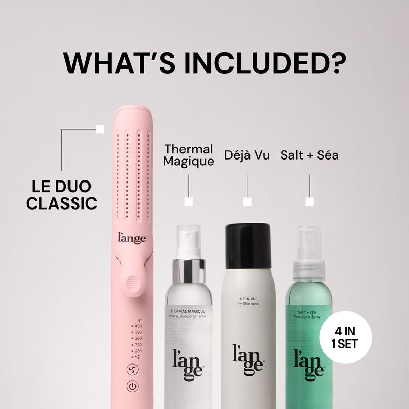 NEW! L’Ange Curl Power Value Set - Le Duo 2-In-1 360° Airflow Curling Iron, Salt + Séa Texturizing Spray 4Oz, Thermal Magique Heat & Humidity Tamer 4Oz, Déjà Vu Dry Shampoo 3Oz Hair Styling Tools Titanium