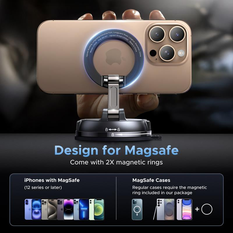 UGREEN Vacuum Magnetic Car Phone Holder,Car Phone Mount, 360° Adjustable for Magsafe Car Holder Foldable Suction Phone Mount for Car, for Garmin Gps/Mirror/Smooth Surface, for Iphone 17 16 Pro Max 15, and Android, Labor Day Sale