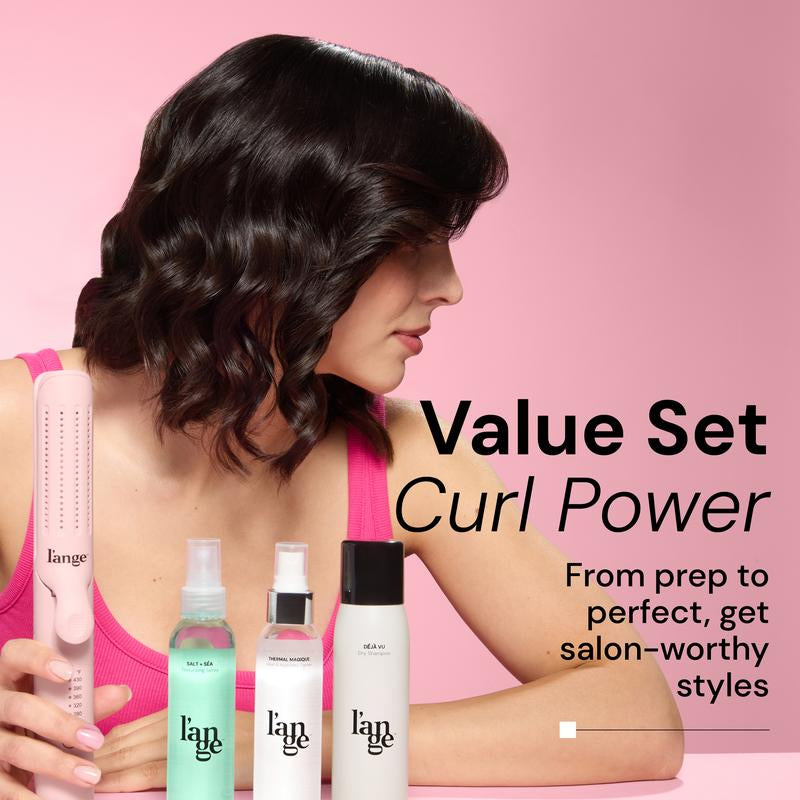 NEW! L’Ange Curl Power Value Set - Le Duo 2-In-1 360° Airflow Curling Iron, Salt + Séa Texturizing Spray 4Oz, Thermal Magique Heat & Humidity Tamer 4Oz, Déjà Vu Dry Shampoo 3Oz Hair Styling Tools Titanium